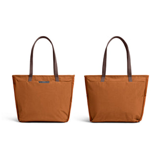 Bellroy Tokyo Tote Second Edition in rust brown with water-resistant fabric and dark handles shown front and back