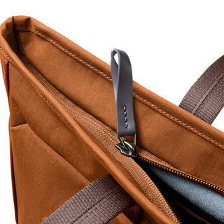 Bellroy Tokyo Tote Second Edition in brown woven fabric showing zipper and handle detail