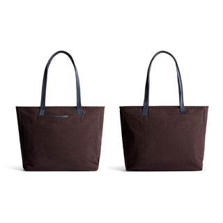 Bellroy Tokyo Tote Second Edition in brown recycled fabric with navy handles shown front and back view