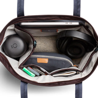 Bellroy Tokyo Tote Second Edition showing organized interior with laptop and headphones inside