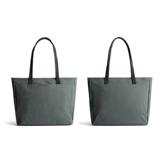 Bellroy Tokyo Tote Second Edition in green woven fabric with black handles shown from front and back view