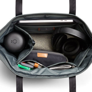 Bellroy Tokyo Tote Second Edition showing organized interior with laptop, headphones, and accessories in durable fabric bag