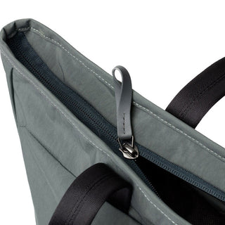 Close-up of Bellroy Tokyo Tote Second Edition showing zipper and grey woven fabric texture