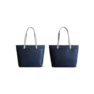 Bellroy Tokyo Tote Second Edition navy blue tote with gray handles shown from front and back sides