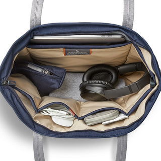 Bellroy Tokyo Tote Second Edition navy blue bag interior with organized laptop and tech accessories compartments
