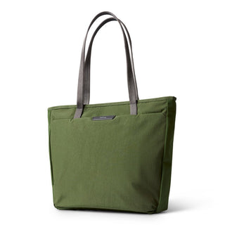 Bellroy Tokyo Tote Second Edition in olive green with durable fabric and gray handles angled view