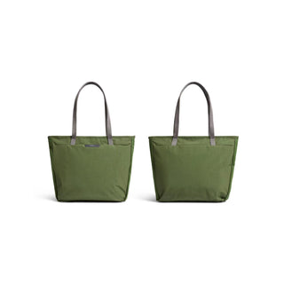Bellroy Tokyo Tote Second Edition showing front and back views in olive green with grey handles