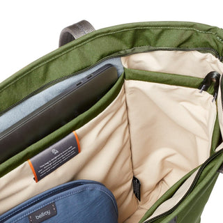 Bellroy Tokyo Tote Second Edition with organized beige interior pockets and olive green fabric lining