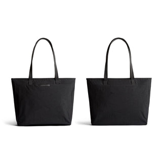Bellroy Tokyo Tote Second Edition in black woven fabric shown from front and back angles with long handles