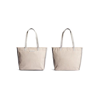 Bellroy Tokyo Tote Second Edition in natural canvas shown front and back with slim leather handles