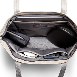 Bellroy Tokyo Tote Second Edition open view showing organized internal compartments with laptop sleeve and accessories inside