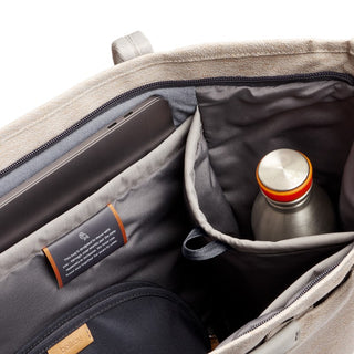 Bellroy Tokyo Tote Second Edition showing organized interior pockets with laptop sleeve and water bottle compartment