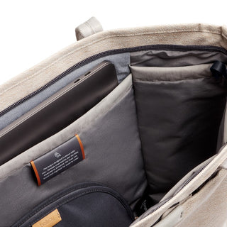 Bellroy Tokyo Tote Second Edition with beige fabric interior and padded laptop compartment visible inside