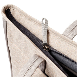 Bellroy Tokyo Tote Second Edition with beige textured fabric and close-up of zippered top opening detail
