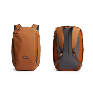 Bellroy Transit Workpack 20L rust-colored backpack with durable fabric front and padded ergonomic straps back view