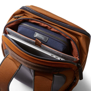 Bellroy Transit Workpack 20L in brown with padded laptop sleeve and navy accessory pouch inside