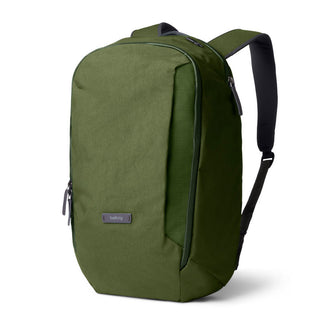 Bellroy Transit Workpack 20L backpack in olive green with sleek water-resistant fabric and leather accents