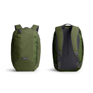 Bellroy Transit Workpack 20L in olive green with sleek water-resistant fabric shown front and back views