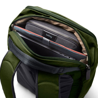 Bellroy Transit Workpack 20L in green with organized laptop and tech compartment visible inside