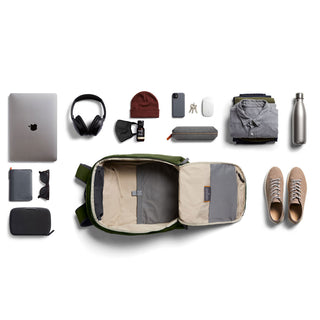 Bellroy Transit Workpack 20L open flat with laid-out daily essentials on white background