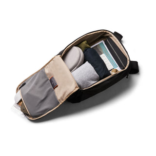 Bellroy Transit Workpack 20L (Second Edition) open black backpack showing organized compartments and packed items