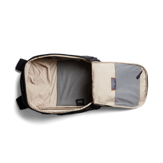 Bellroy Transit Workpack 20L (Second Edition) open with beige interior and organizational grey pockets visible