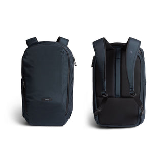 Bellroy Transit Workpack 20L (Second Edition) black backpack front and back view with padded straps and smooth texture