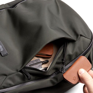 Bellroy Transit Workpack 20L (Second Edition) black fabric backpack with leather zipper pull and open front pocket
