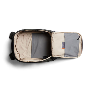 Bellroy Transit Workpack 20L (Second Edition) opened showing beige and gray interior compartments and storage pockets