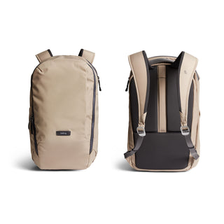 Bellroy Transit Workpack 20L (Second Edition) beige backpack front and back view with padded straps and sleek design