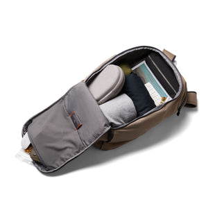 Bellroy Transit Workpack 20L (Second Edition) in tan with organized interior and multiple compartments visible