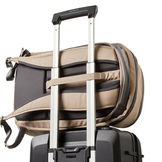 Bellroy Transit Workpack 20L (Second Edition) backpack in tan with padded straps on suitcase handle