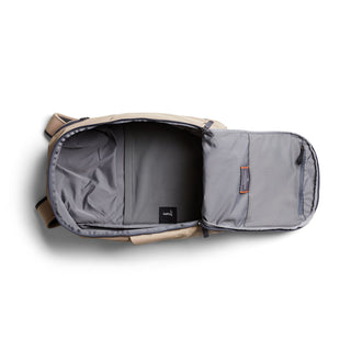 Bellroy Transit Workpack 20L (Second Edition) beige backpack open showing spacious gray interior compartments