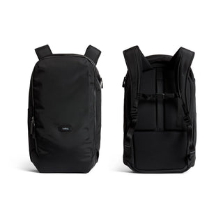 Bellroy Transit Workpack 26L in black showing front and padded back with adjustable straps