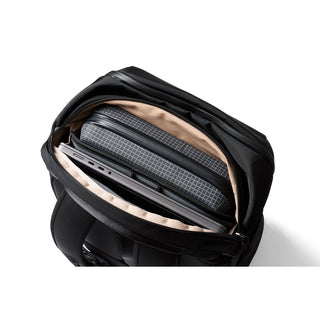 Bellroy Transit Workpack 26L black backpack open showing organized laptop and storage compartments
