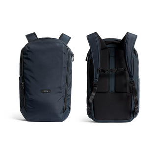 Bellroy Transit Workpack 26L in navy with smooth recycled fabric, shown front and padded back view