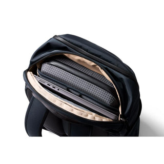 Bellroy Transit Workpack 26L in black showing organized padded laptop and accessory compartments