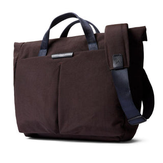Bellroy Tokyo Messenger Bag 14" in dark brown with blue straps made from recycled fabric materials