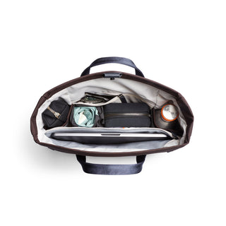Bellroy Tokyo Messenger Bag 14" open top view showing organized compartments and packed essentials