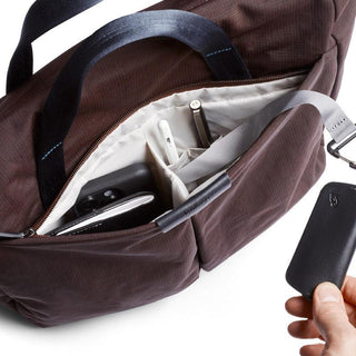 Bellroy Tokyo Messenger Bag 14" in brown fabric with organized interior and key clip detail