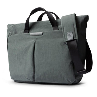 Bellroy Tokyo Messenger Bag 14" in muted green with front pockets and adjustable shoulder strap