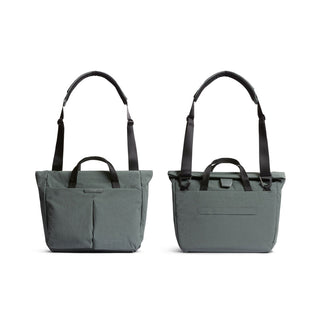 Bellroy Tokyo Messenger Bag 14" in muted green with dual handles and adjustable shoulder strap front and back views