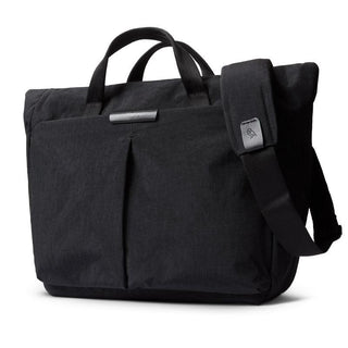 Bellroy Tokyo Messenger Bag 14" in black recycled fabric with front pocket and adjustable shoulder strap