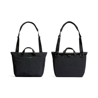 Bellroy Tokyo Messenger Bag 14" in black showing front and back with adjustable shoulder strap and handles