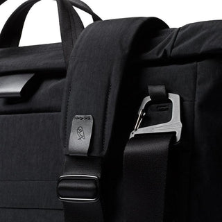 Bellroy Tokyo Messenger Bag 14" close-up of black recycled fabric shoulder strap and metal hook detail