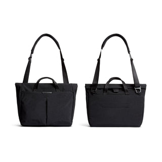 Bellroy Tokyo Messenger Bag 16" shown front and back in black recycled fabric with adjustable straps