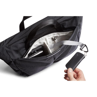 Bellroy Tokyo Messenger Bag 16 open front pocket showing organized compartments and key holder strap