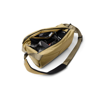 Bellroy Venture Sling 10L - Camera Edition tan sling bag open with camera gear inside