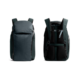 Bellroy Venture Travel Pack 26L showing front sleek design and padded adjustable straps in dark fabric