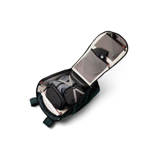 Bellroy Venture Travel Pack 26L open showing organized interior compartments and packed travel essentials